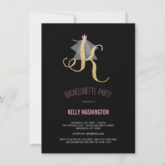 Monogram Gold Glitter Bachelorette Party Invite Kaart (Voorkant)