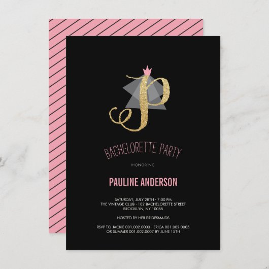 Monogram Gold Glitter Bachelorette Party Invite Kaart (Voorkant / Achterkant)