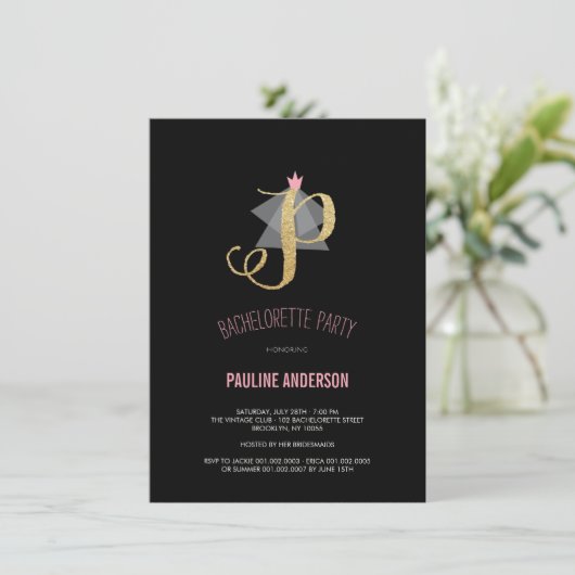 Monogram Gold Glitter Bachelorette Party Invite Kaart (Staand voorkant)
