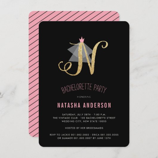 Monogram Gold Glitter Bachelorette Party Invite Kaart (Voorkant / Achterkant)