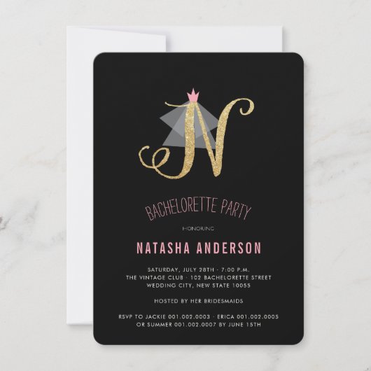 Monogram Gold Glitter Bachelorette Party Invite Kaart (Voorkant)