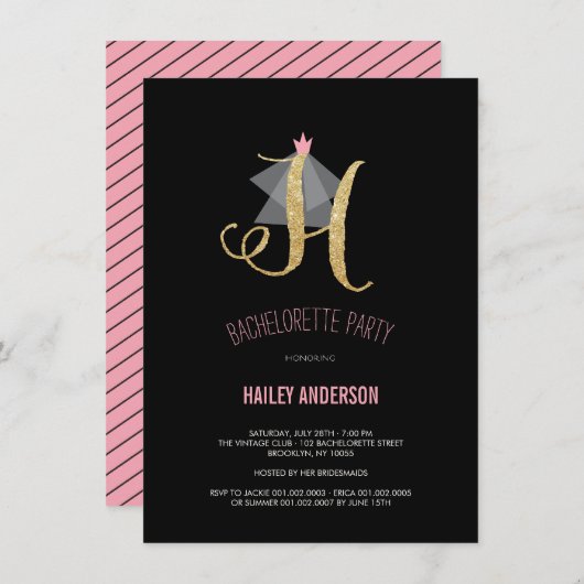 Monogram Gold Glitter Bachelorette Party Invite Kaart (Voorkant / Achterkant)