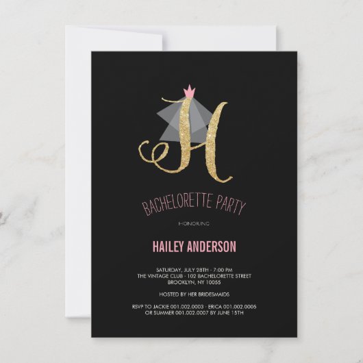 Monogram Gold Glitter Bachelorette Party Invite Kaart (Voorkant)