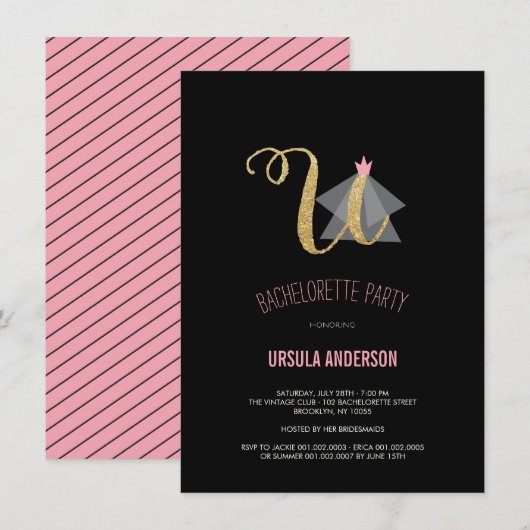 Monogram Gold Glitter Bachelorette Party Invite Kaart (Voorkant / Achterkant)