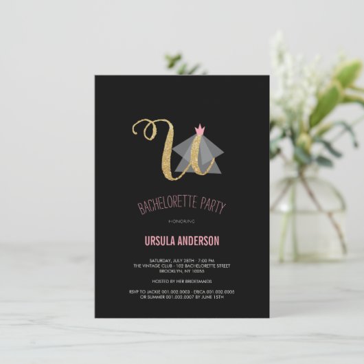 Monogram Gold Glitter Bachelorette Party Invite Kaart (Staand voorkant)