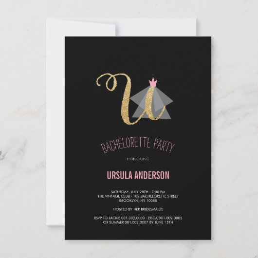 Monogram Gold Glitter Bachelorette Party Invite Kaart (Voorkant)