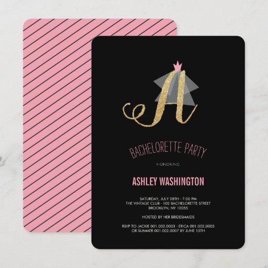 Monogram Gold Glitter Bachelorette Party Invite Kaart (Voorkant / Achterkant)