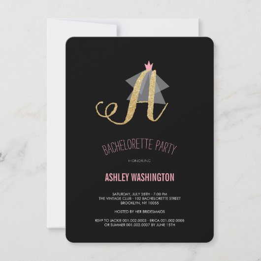 Monogram Gold Glitter Bachelorette Party Invite Kaart (Voorkant)