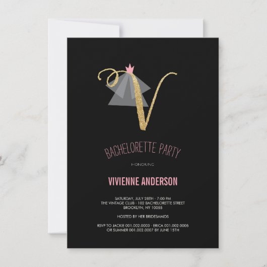 Monogram Gold Glitter Bachelorette Party Invite Kaart (Voorkant)