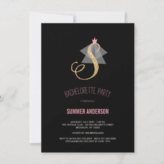 Monogram Gold Glitter Bachelorette Party Invite Kaart (Voorkant)