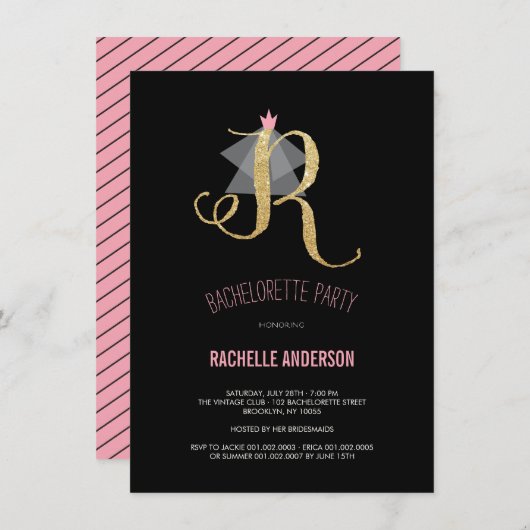 Monogram Gold Glitter Bachelorette Party Invite Kaart (Voorkant / Achterkant)