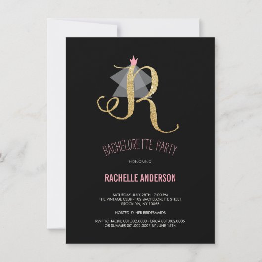 Monogram Gold Glitter Bachelorette Party Invite Kaart (Voorkant)