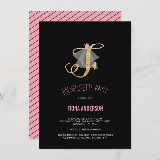 Monogram Gold Glitter Bachelorette Party Invite Kaart (Voorkant / Achterkant)