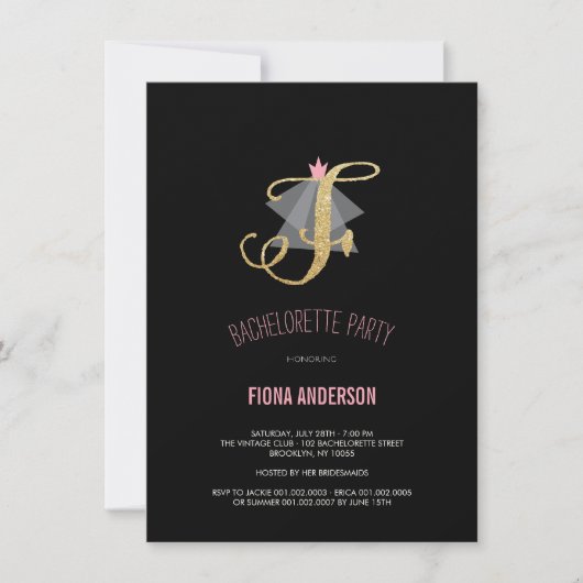 Monogram Gold Glitter Bachelorette Party Invite Kaart (Voorkant)