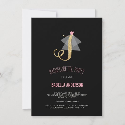 Monogram Gold Glitter Bachelorette Party Invite Kaart (Voorkant)
