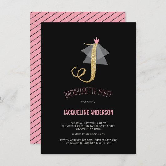 Monogram Gold Glitter Bachelorette Party Invite Kaart (Voorkant / Achterkant)