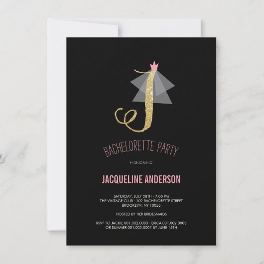 Monogram Gold Glitter Bachelorette Party Invite Kaart (Voorkant)