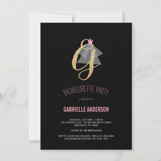 Monogram Gold Glitter Bachelorette Party Invite Kaart (Voorkant)