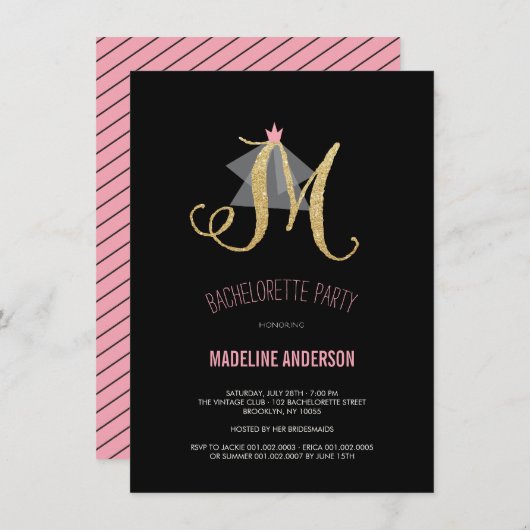 Monogram Gold Glitter Bachelorette Party Invite Kaart (Voorkant / Achterkant)