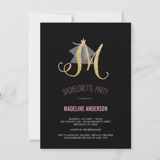 Monogram Gold Glitter Bachelorette Party Invite Kaart (Voorkant)