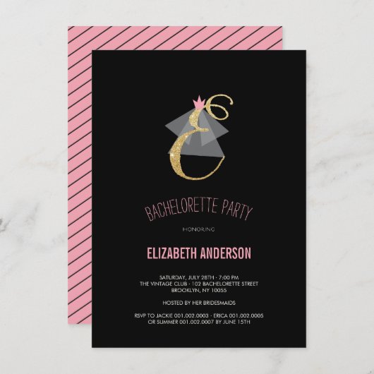Monogram Gold Glitter Bachelorette Party Invite Kaart (Voorkant / Achterkant)