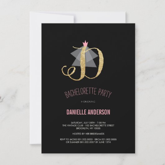 Monogram Gold Glitter Bachelorette Party Invite Kaart (Voorkant)