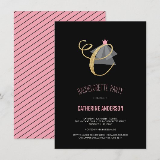 Monogram Gold Glitter Bachelorette Party Invite Kaart (Voorkant / Achterkant)