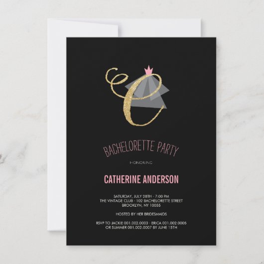 Monogram Gold Glitter Bachelorette Party Invite Kaart (Voorkant)