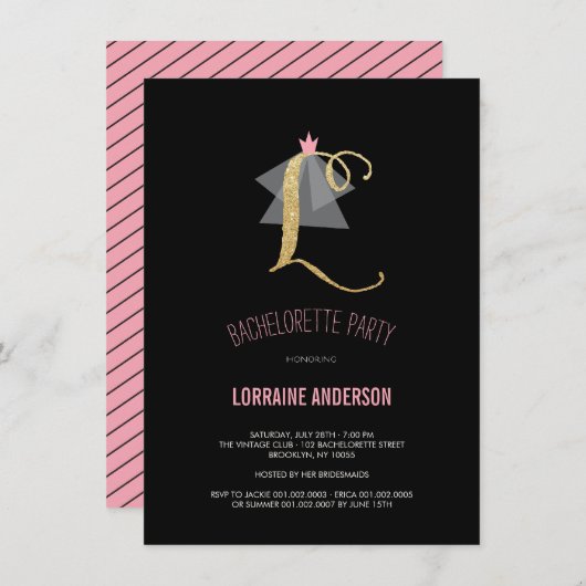 Monogram Gold Glitter Bachelorette Party Invite Kaart (Voorkant / Achterkant)