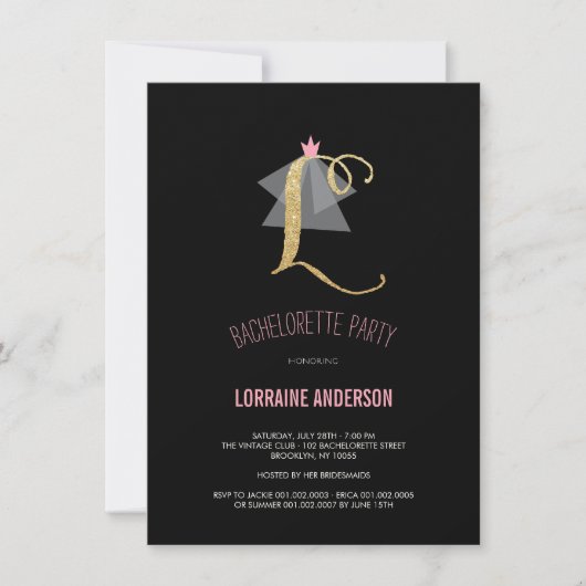 Monogram Gold Glitter Bachelorette Party Invite Kaart (Voorkant)