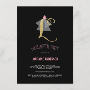 Monogram Gold Glitter Bachelorette Party Invite Kaart