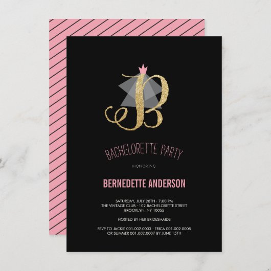 Monogram Gold Glitter Bachelorette Party Invite Kaart (Voorkant / Achterkant)
