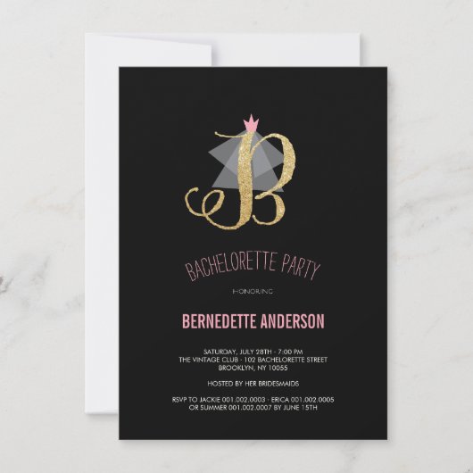 Monogram Gold Glitter Bachelorette Party Invite Kaart (Voorkant)