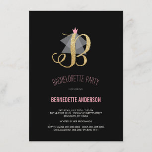 Monogram Gold Glitter Bachelorette Party Invite Kaart