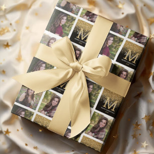 Monogram Gold Glitter Fotokerstmis Cadeaupapier