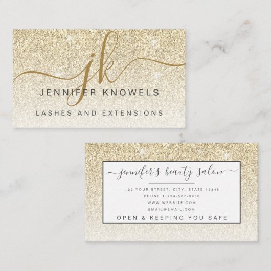 Monogram Gold Glitter Glam Lashes Visitekaartje (Voorkant / Achterkant)