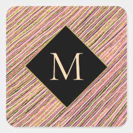 Monogram Gold Glitter Stripes Black Vierkante Sticker