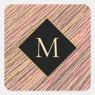 Monogram Gold Glitter Stripes Black Vierkante Sticker