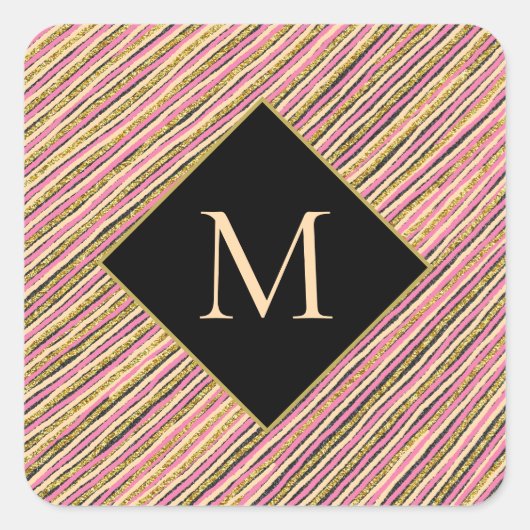 Monogram Gold Glitter Stripes Black Vierkante Sticker (Voorkant)