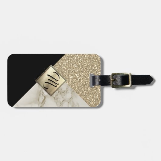 Monogram Gold Glitter, zwart en marmer Bagagelabel (Voorkant horizontaal)