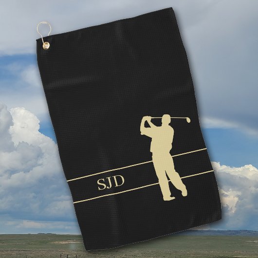 Monogram Gold Golfer on Black Golfhanddoek