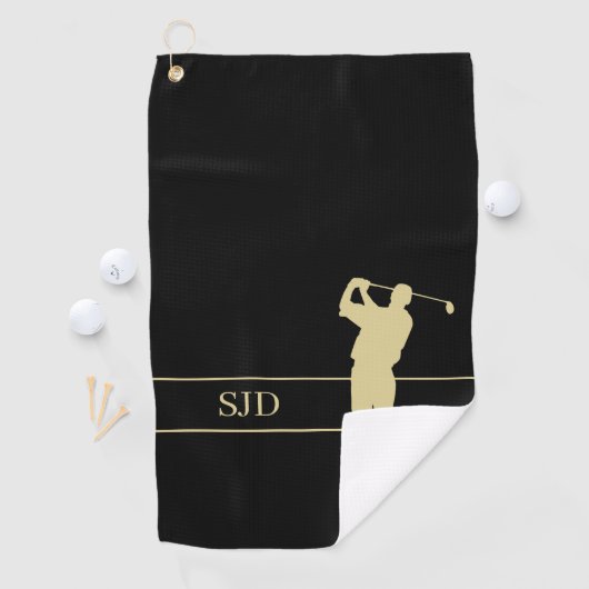 Monogram Gold Golfer on Black Golfhanddoek (Insitu)