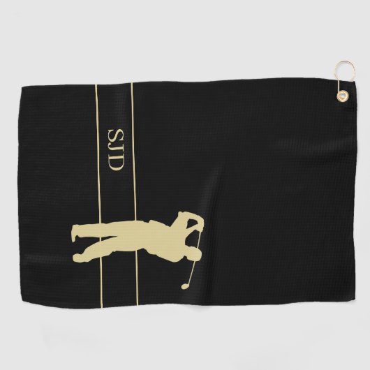 Monogram Gold Golfer on Black Golfhanddoek (Horizontaal)