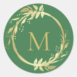Monogram Gold Green Kerstmis met envelop Ronde Sticker