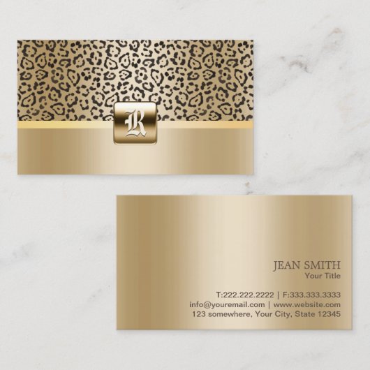 Monogram Gold Initiaal Leopard Print Elegant Visitekaartje (Voorkant / Achterkant)
