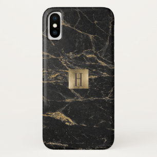 Monogram Gold Label Elegant Black & Gold Marble iPhone X Hoesje
