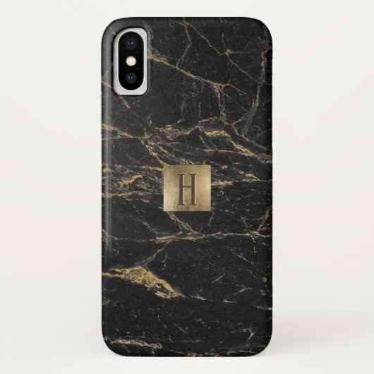 Monogram Gold Label Elegant Black & Gold Marble Case-Mate iPhone Case (Achterkant)