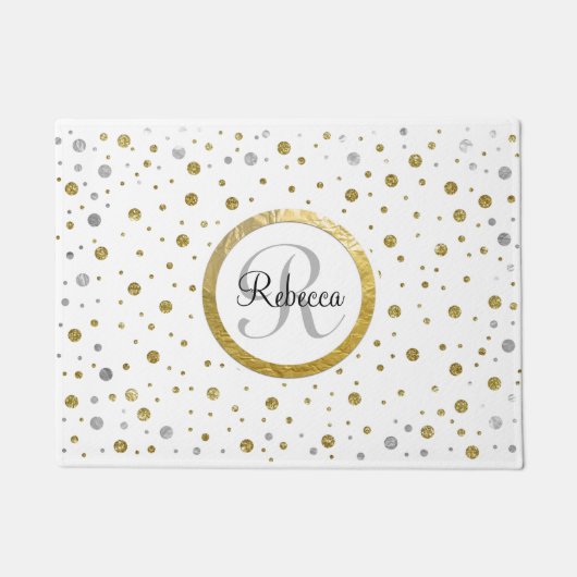 Monogram Gold Leaf Print Silver Confetti Deurmat (Voorkant)