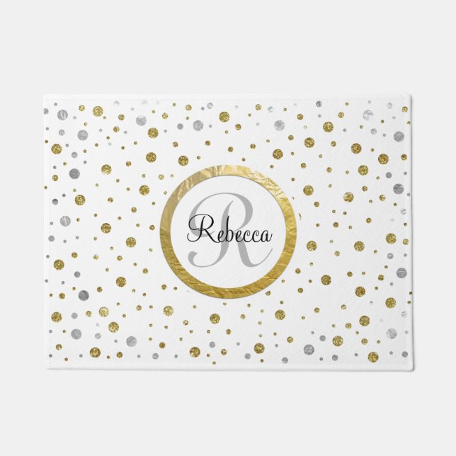 Monogram Gold Leaf Print Silver Confetti Deurmat (Voorkant)
