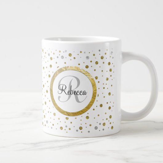 Monogram Gold Leaf Print Silver Confetti Grote Koffiekop (Rechts)
